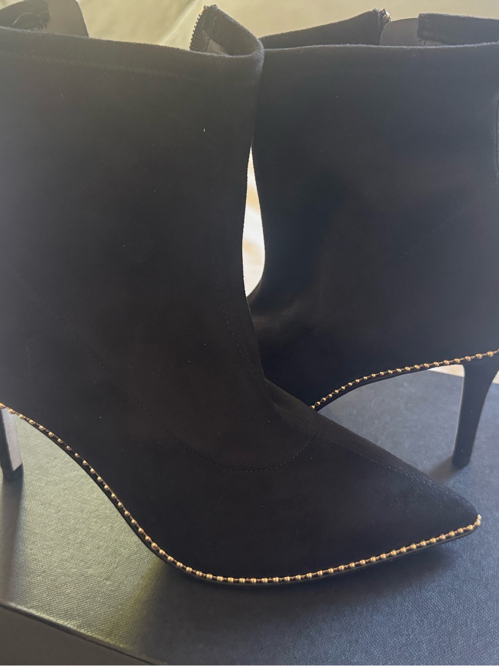 Coach Black Suede Pointed Toe Ankle Boots with Gold Trim